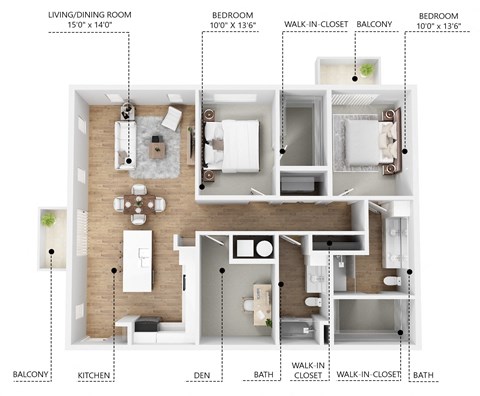 Floor plan for 2 beds, 2 baths, 1310 sqft